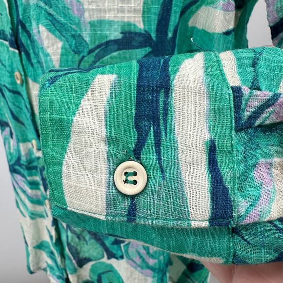 Blue Island Button Up Shirt Sz L Teal Tropical Leaf Hi Low Long Sleeve Cover Up - Picture 3 of 8